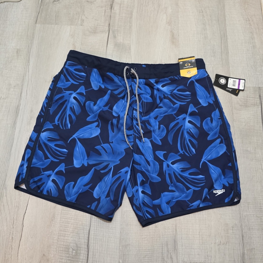 Speedo Mens XXL Hawaiian Floral Swim Trunks Boardshorts UPF 50+ Blue Beach Short